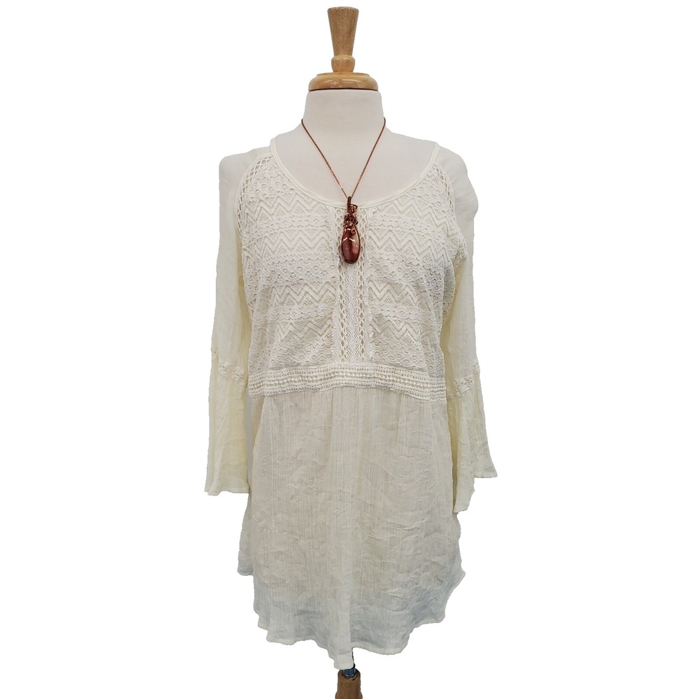 Indigo Soul Womens Crochet Gauzy Boho Tunic‎ Dress Size 2XL Ivory Bell Sleeves